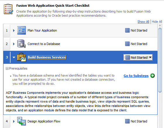 ChecklistのStep 3、Build Business Servicesステップを展開、Go to Substepsにカーソルを置く