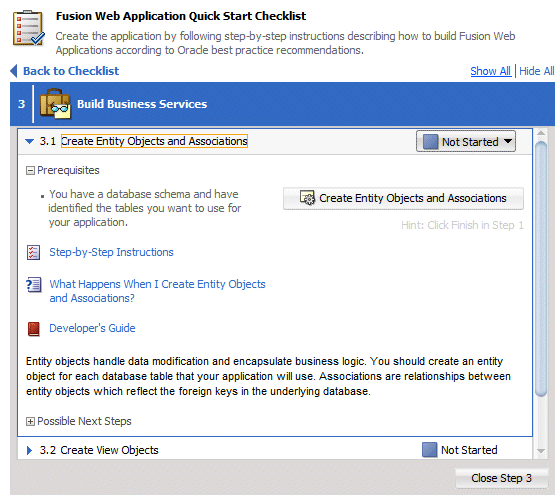 Checklistのサブステップ3.1を展開、Create Entity Objects and Associationsボタンにカーソルを置く