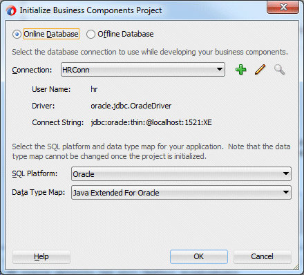 Initialize Business Components Projectダイアログで、ConnectionフィールドのHRConnを選択