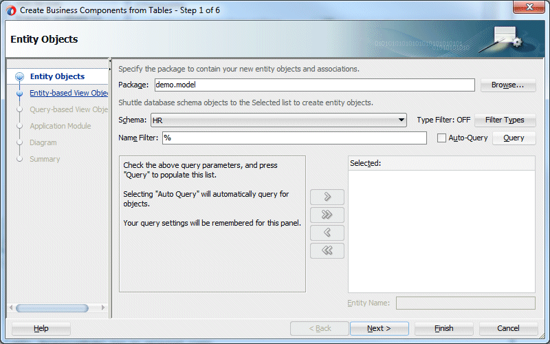 Create Business Components from Tablesウィザードのステップ1で、Queryボタンにカーソルを置く