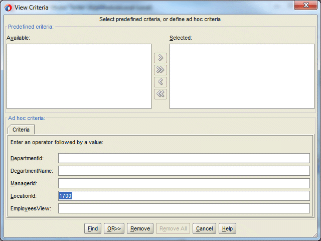 Business Component View Criteriaダイアログで、LocationIdフィールドに1700と表示