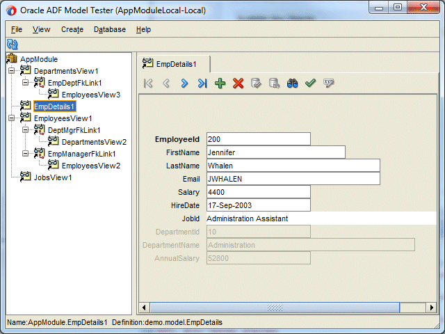 Oracle ADF Model TesterにSteven Kingの従業員レコードを表示。