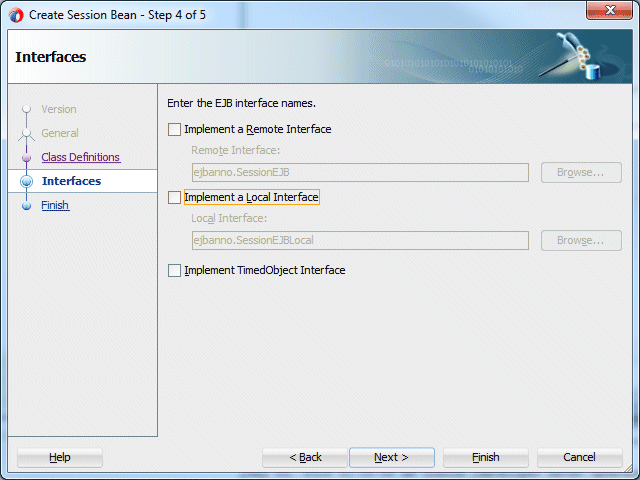 Create Session BeanのInterfaceページ