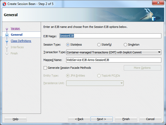 Create Session BeanのInterfaceページ