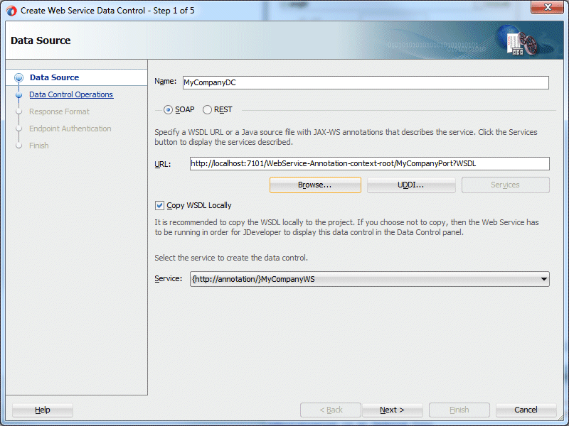 Create Web Service Data Controlのステップ1