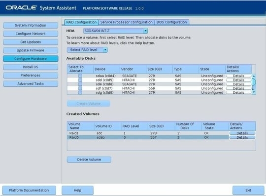 image:Gráfico que muestra la pantalla RAID Configuration (Configuración de RAID) con los volúmenes agregados.