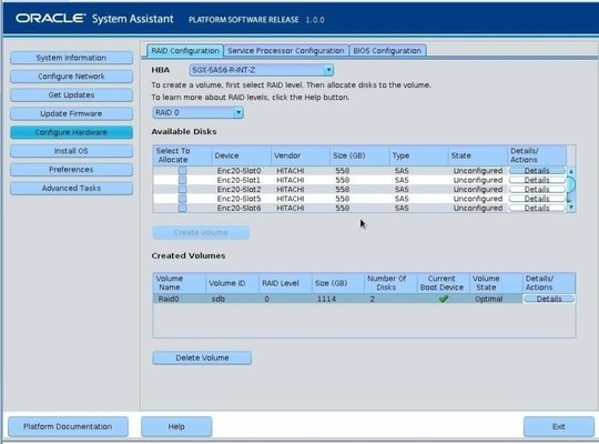 image:Gráfico que muestra la pantalla RAID Configuration (Configuración de RAID) con los volúmenes creados.