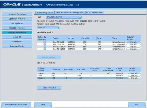 image:Gráfico que muestra la pantalla RAID Configuration (Configuración de RAID) con los volúmenes agregados.