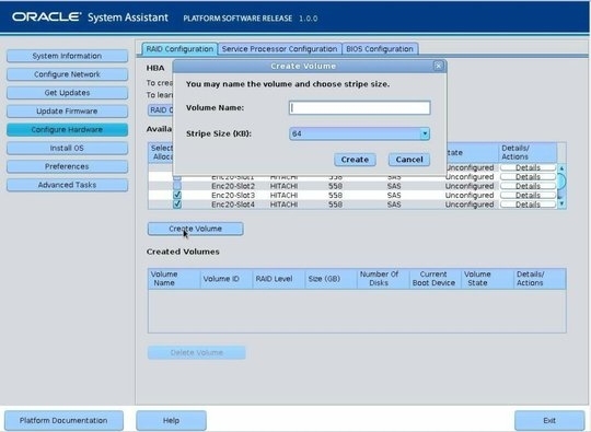 image:Graphique illustrant la boîte de dialogue RAID Configuration Create Volume.