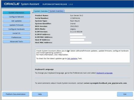 image:Graphique illustrant l'écran System Overview d'Oracle System Assistant.