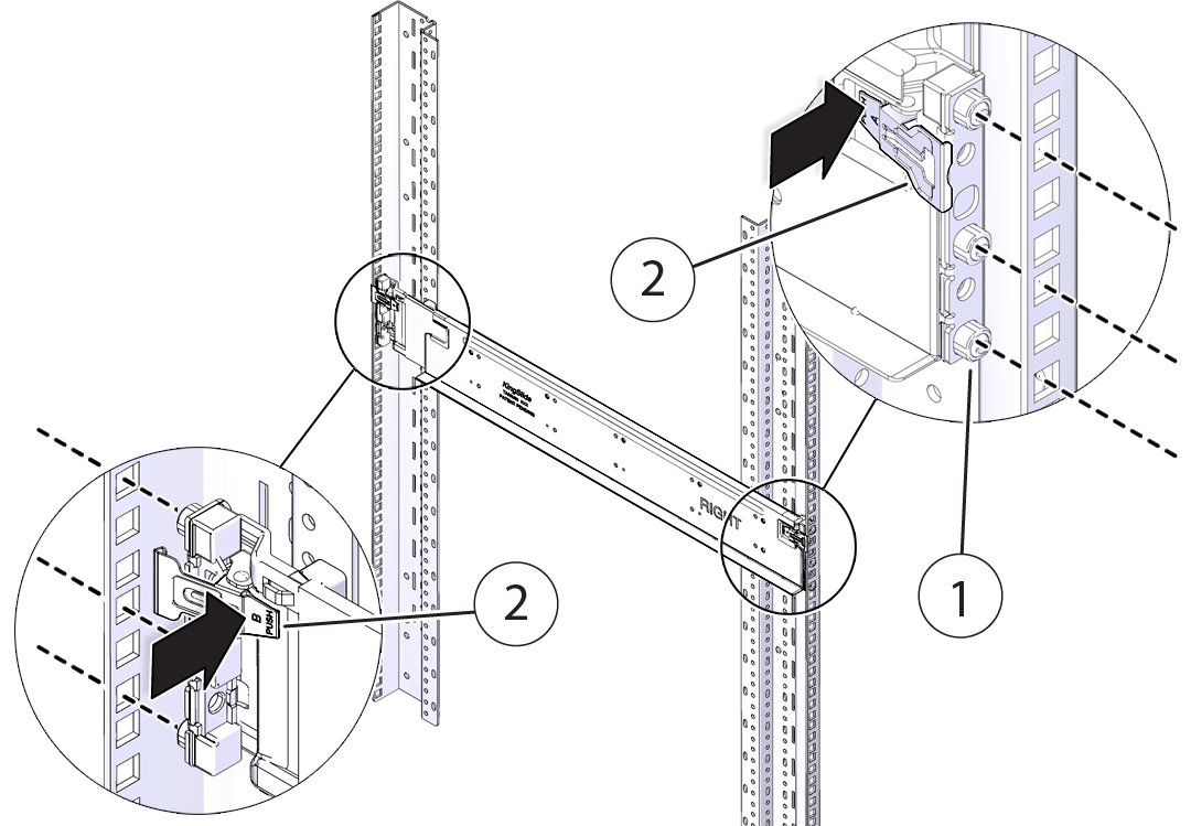 image:レール、ラッチ、スタッド、およびラックの図。