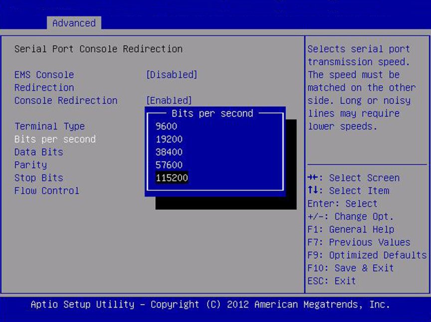 image:「Serial Port Console Redirection」画面のスクリーンショット。