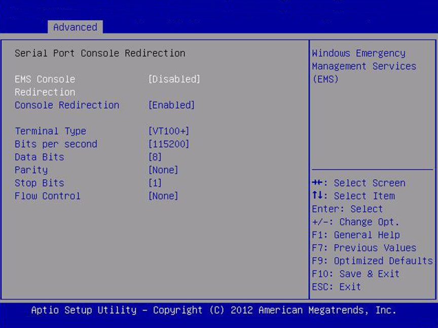 image:「Serial Port Console Redirection」画面のスクリーンショット。