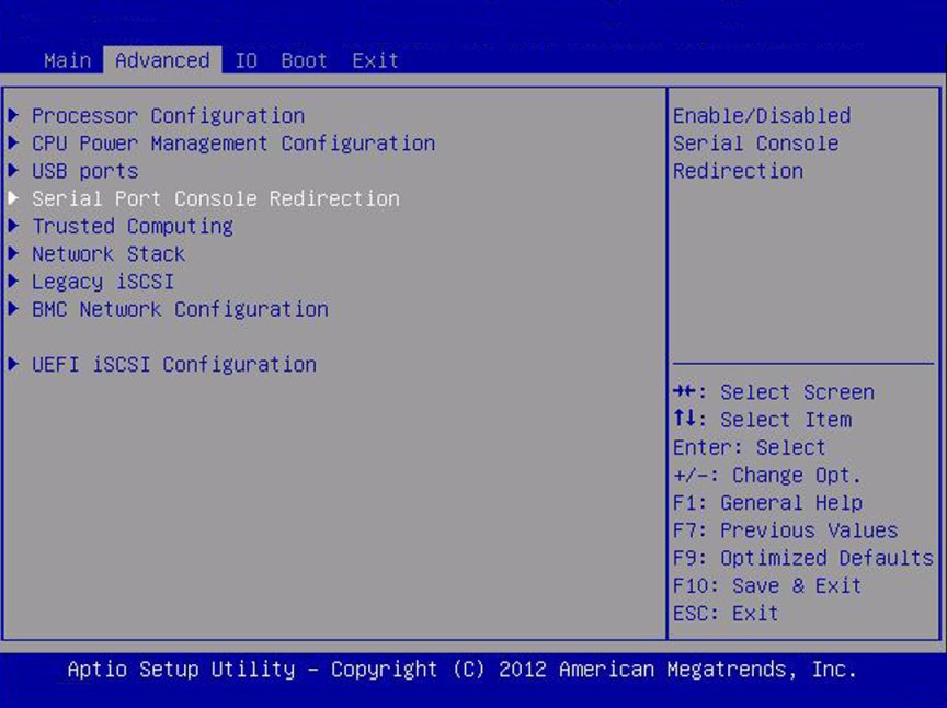 image:「Serial Port Console Redirection」画面のスクリーンショット。