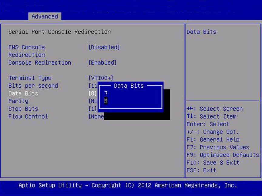 image:「Serial Port Console Redirection」画面のスクリーンショット。