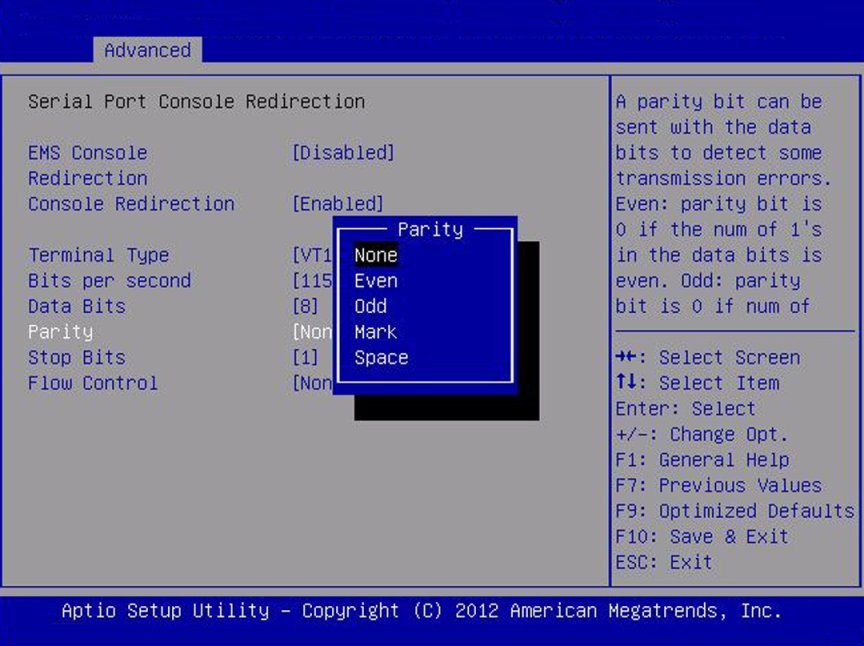 image:「Serial Port Console Redirection」画面のスクリーンショット。