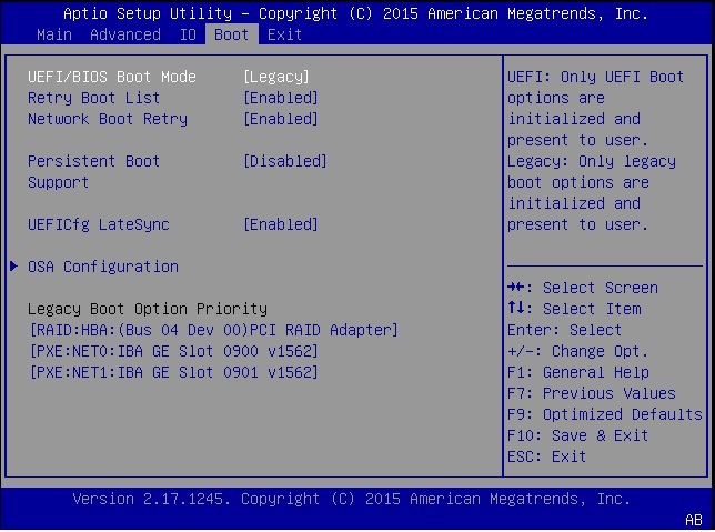 image:BIOS Boot menu screen showing Legacy BIOS mode                                 selected.