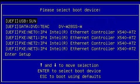 image:Graphic showing the Please Select Boot Device menu in                                         UEFI Boot mode.