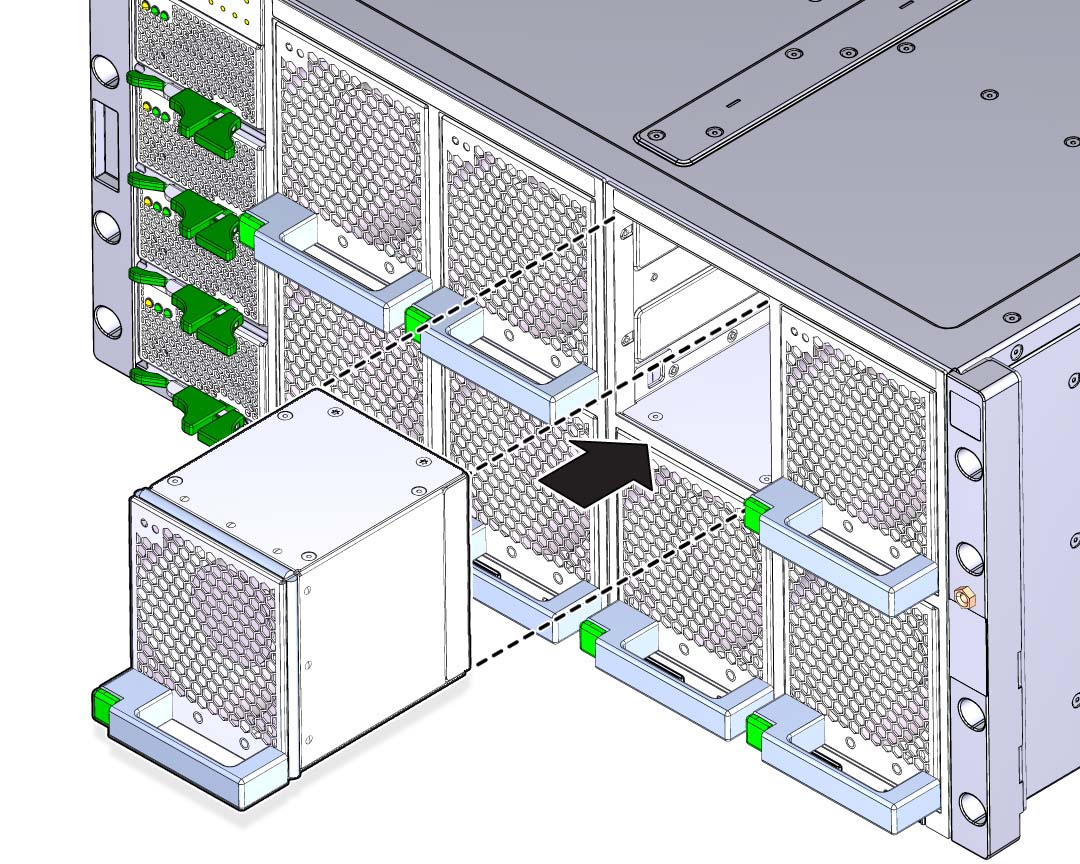 image:An illustration showing the installation of a fan module into                                 its slot.