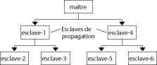 image:Le diagramme présente un KDC maître avec deux esclaves de propagation. Chaque esclave de propagation propage la base de données du KDC maître à ses esclaves.