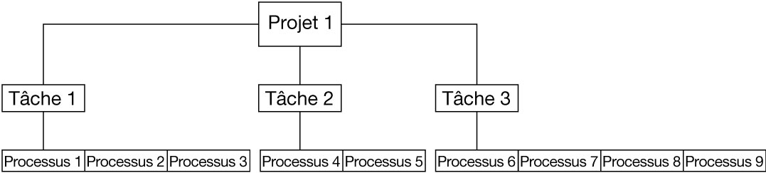 image:L'organigramme présente un projet qui se ramifie en trois tâches composées elles-mêmes de deux à quatre processus.