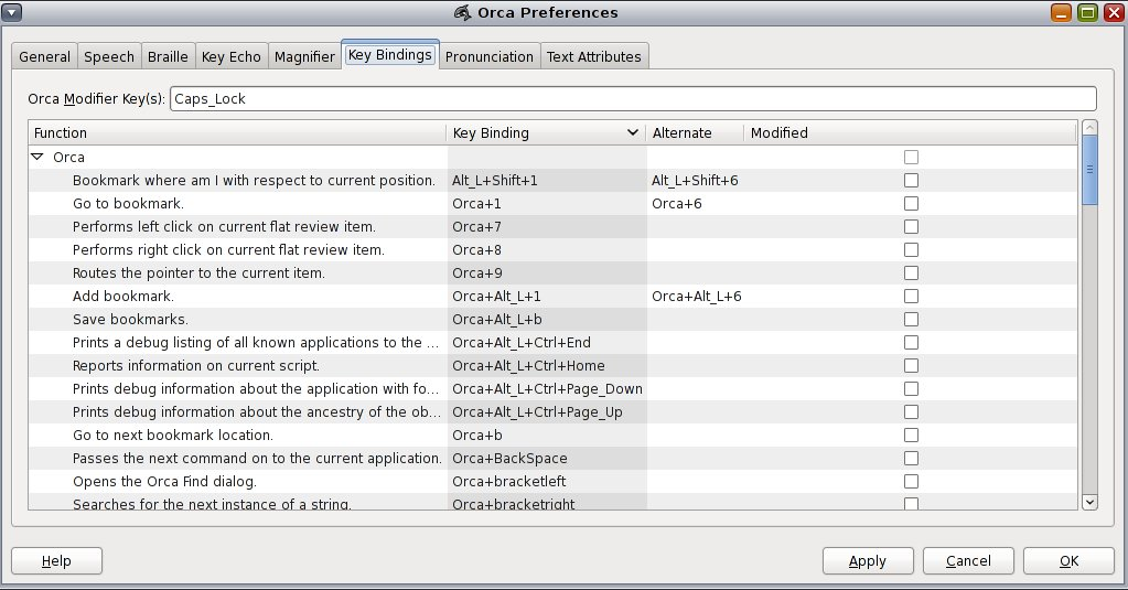 image:Figure affichant les préférences de raccourcis dans Orca.