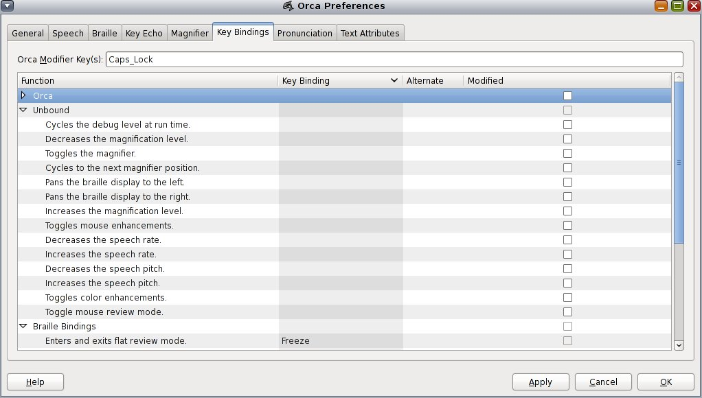 image:Figure affichant les préférences de raccourcis dans Orca.