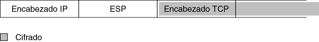 image:En el gráfico, se muestra el encabezado ESP entre el encabezado IP y el encabezado TCP. El encabezado TCP se cifra mediante el encabezado ESP.