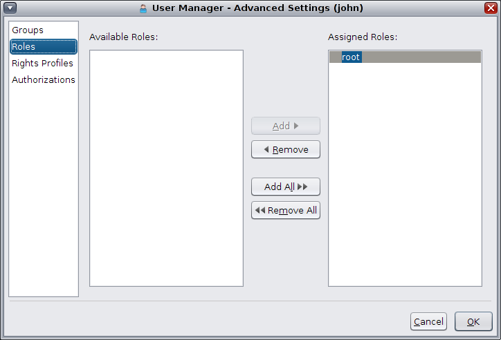 image:En esta figura, se muestran los roles disponibles y asignados para un usuario. Para acceder, haga clic en Roles, en la parte izquierda del cuadro de diálogo Advanced Settings (Configuración avanzada).