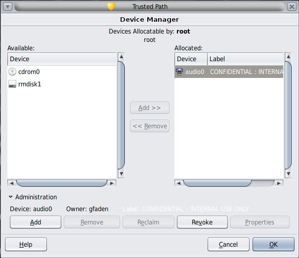 image:Device Manager muestra el dispositivo “audio“ asignado en la etiqueta “internal“. Está disponible el botón Revoke.