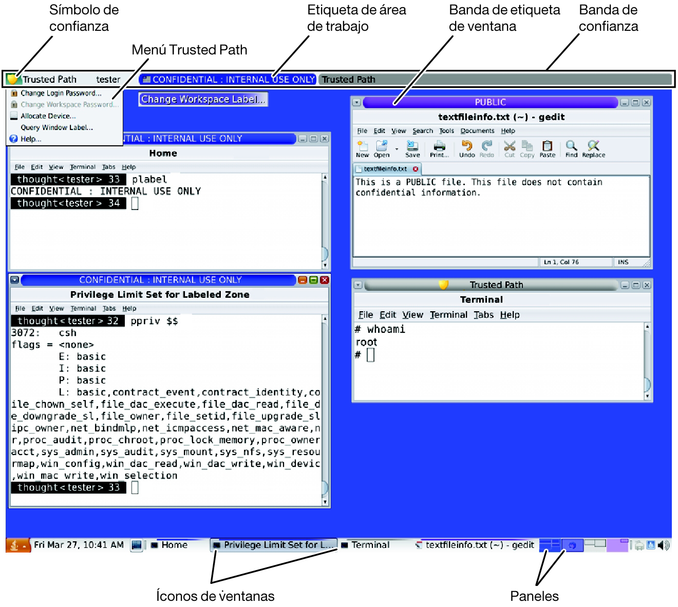 image:En la pantalla, se muestran las etiquetas de las ventanas, la banda de confianza, el símbolo de confianza, el menú Trusted Path, el usuario actual, las etiquetas del espacio de trabajo y las ventanas, y el panel inferior.