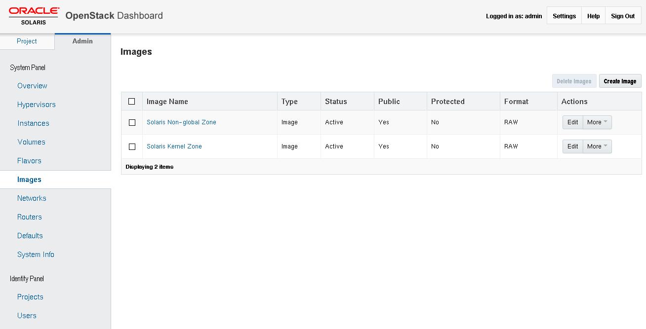image:Muestra la lista de imágenes que se presenta cuando selecciona imágenes del panel de Administrador.