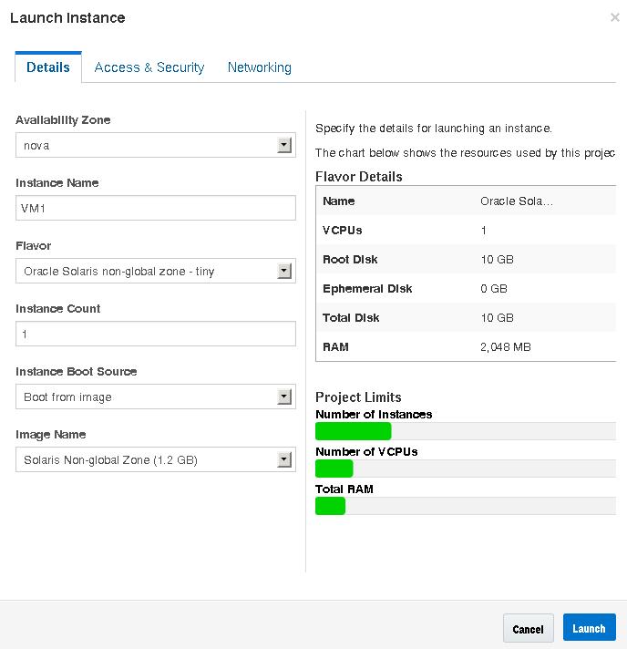 Muestra el nombre, el tipo y la imagen de VM especificados en el cuadro de diálogo Iniciar instancia. image:Muestra el nombre, el tipo y la imagen de VM especificados en el cuadro de diálogo Iniciar instancia.