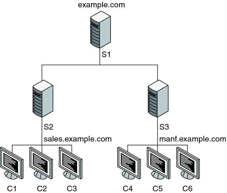 image:この図は、3 台のサーバーがあり、そのうちの 2 台にそれぞれ 3 台のクライアントが割り当てられている example.com ドメインを示しています。