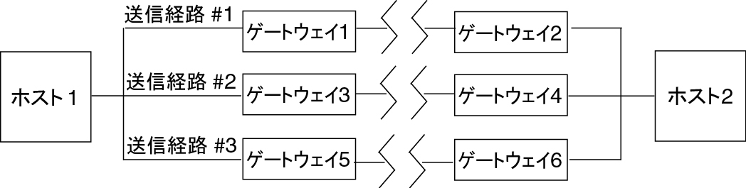 image:図は、6 つのゲートウェイを含む、ホスト 1 とホスト 2 の間の 3 つの可能な経路を示しています。