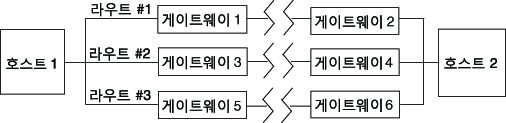 image:그림은 호스트 1과 호스트 2 사이에 6개의 게이트웨이를 통한 세 가지 잠재적 경로를 보여줍니다.