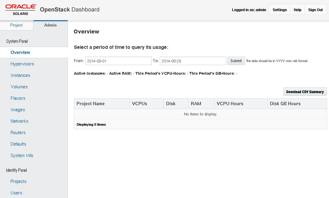 image:Horizon OpenStack 대시보드에서 초기 Admin(관리자) 패널의 Overview(개요) 창을 보여줍니다.