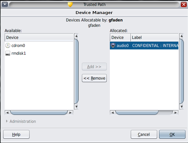 image:“Device Manager“（设备管理器）显示了在标签内部分配给用户的 audio0 设备。