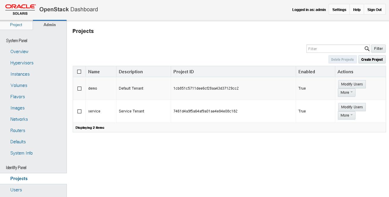 image:显示在 “Admin“（管理员）面板中选择 “Projects“（项目）时所显示的项目列表
