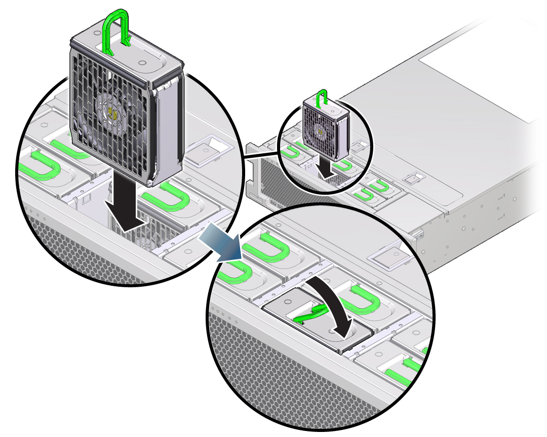 image:An illustration showing how to install a fan module in the server.