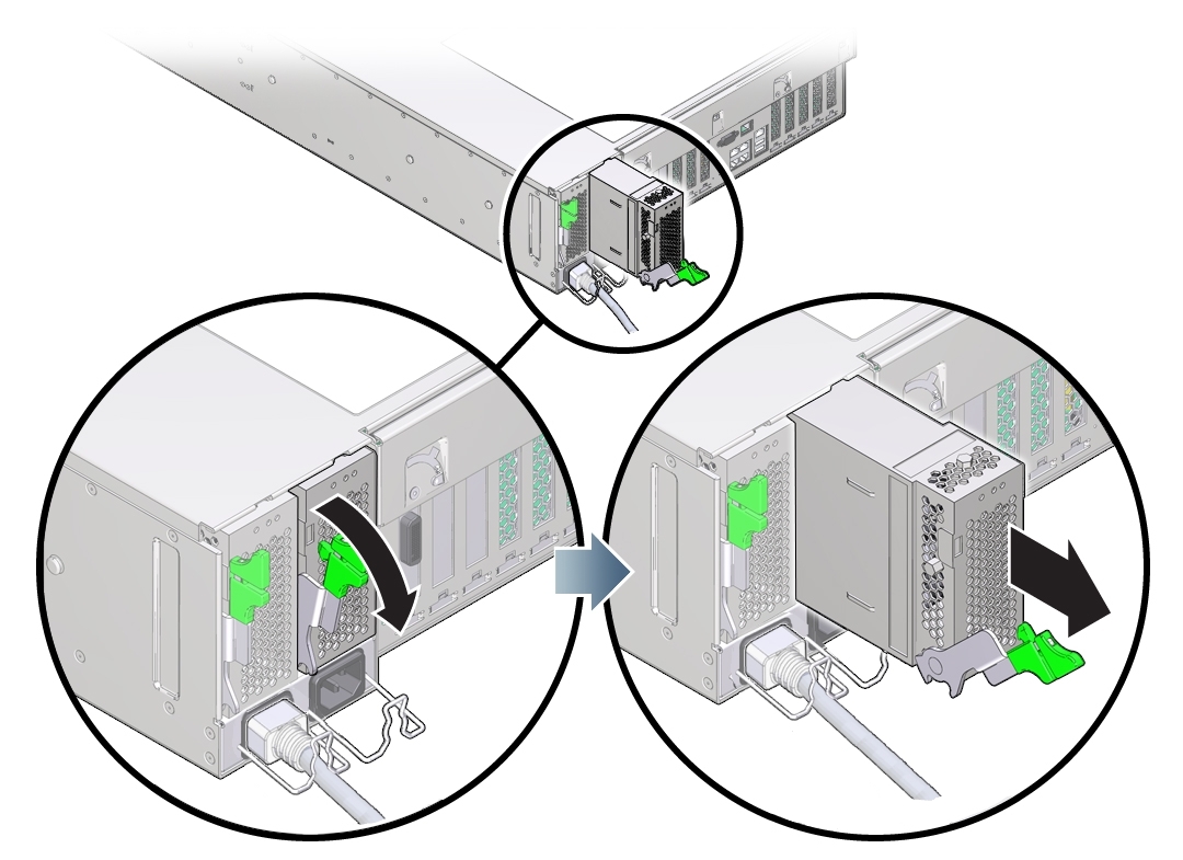 image:An illustration showing how to remove a power supply from the server.