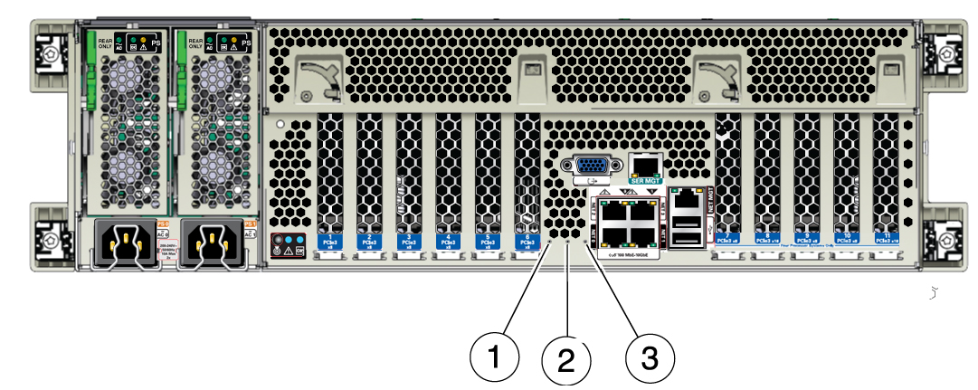 image:An illustration with call outs showing the location of the pinhole switches on the server back panel