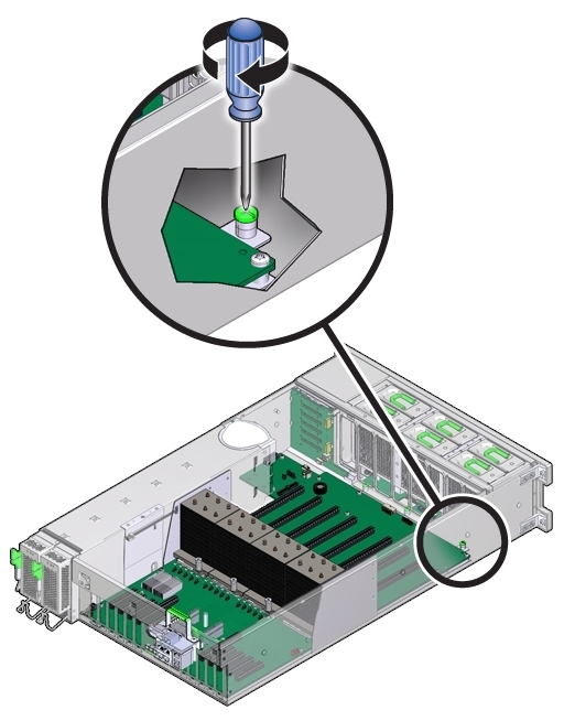 image:An illustration showing the tightening of the green captive screw on the motherboard.