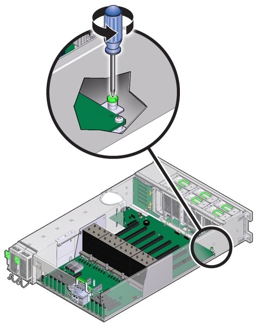 image:An illustration showing the location and loosening of the captive screw on the motherboard.