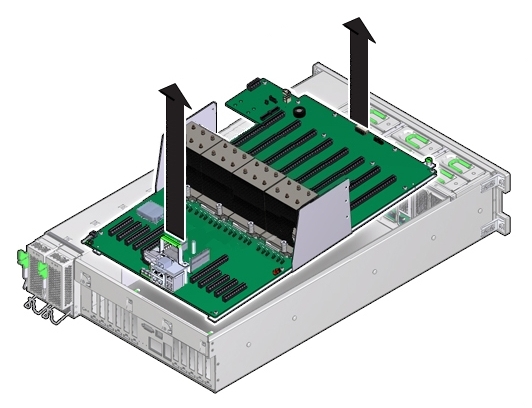 image:An illustration showing the motherboard being lifted out of the chassis.
