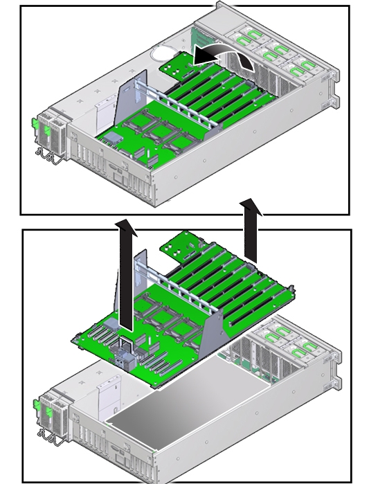 image:A two-frame illustration showing the removal of the motherboard.