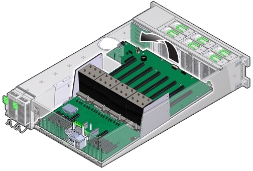 image:An illustration showing lifting up the motherboard near the front of the server.