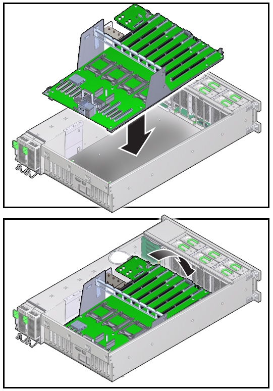 image:A two-frame illustration showing the installation of the motherboard