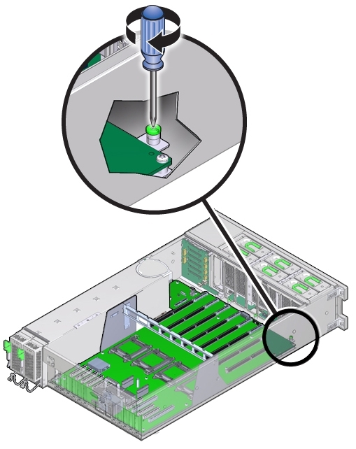 image:An illustration showing the tightening of the green captive screw on the motherboard.