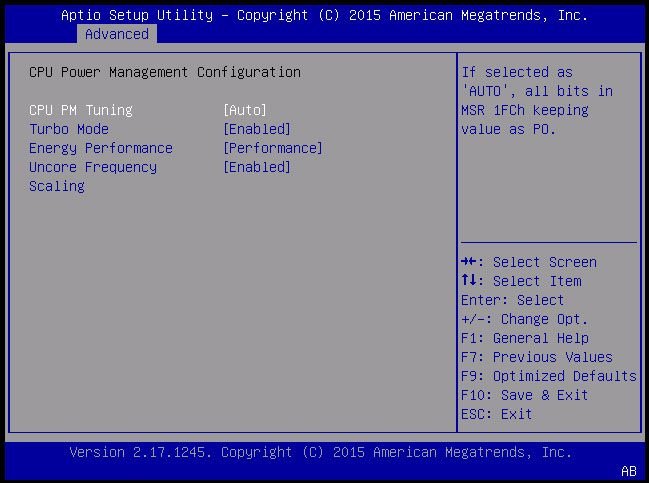 image:Screen capture showing the CPU Power Management Configuration screen.